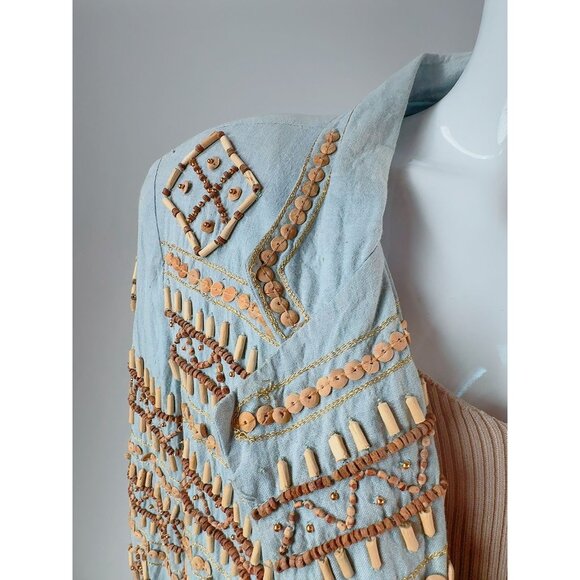 Sandy Starkman Chambray Embroidered Wood Beaded Cotton Jacket Vintage Size Large - Picture 16 of 16